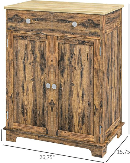 HOMCOM Sideboard with Solid Wood Countertop, Modern Kitchen Storage Cabinet, Coffee Bar Cabinet with 2 Drawers, Doors and Adjustable Shelf, Rustic Brown