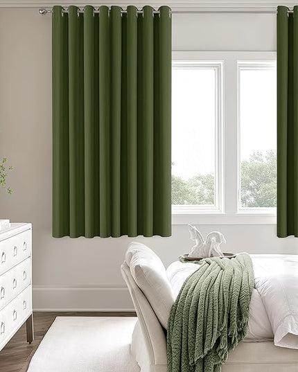 ChrisDowa 100% Blackout Olive Green Solid Curtains 63 Inches Long 2 Panels for Bedroom Living Room,Farmhouse Room Darkening Thermal Insulated Soundproof Grommet Top Window Treatment Drapes,52x63