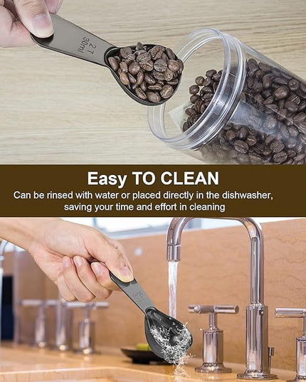 Stainless steel coffee scoop 2-piece set (1 tbsp, 2 tbsp) durable Tablespoon, ergonomic measuring spoon, Suitable for small and large jars，short-handled spoon (Black)
