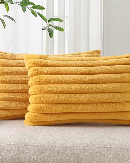 Pallene Faux Fur Plush Lumbar Throw Pillow Covers 12x20 Set of 2, Luxury Soft Fluffy Striped Decorative Pillow Covers for Sofa, Couch, Living Room, Mustard Yellow
