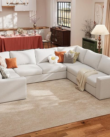 ABCASA U Shaped Sectional Sofa with Detachable Cover, Modular Couch for Living Room, Breathable Linen Fabric Corner Couch with 9 Seats, Ivory