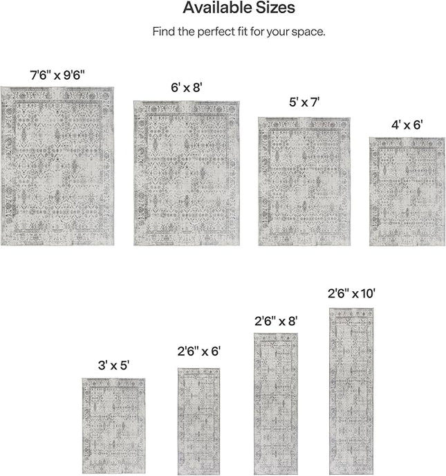 ReaLife Rugs Machine Washable Area Rug Runner - Living Room Bedroom Bathroom Kitchen Entryway Office - Padded Low Pile Stain Resistant Premium - Boho Farmhouse Vintage - Noor - Ivory Grey 2'6" x 8'
