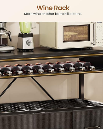 Itaar Bakers Rack with Power Outlet and Storage, 35.4 inch Coffee Bar Cabinet, Microwave Stand Kitchen Cabinet with Hutch, LED Lights, Wine Rack and Hooks, Black