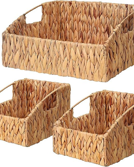 Ollieroo Natural Water Hyacinth Storage Baskets, Handwoven Wicker Storage Bins with Built-in Handles, Storage Container Baskets for Shelves, Bedroom, Bathroom, Laundry Room or Kitchen(Set of 3)