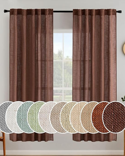 MIULEE Chocolate Brown Linen Curtains 72 Inch Length for Bedroom Living Room, Soft Thick Linen Textured Window Drapes Semi Sheer Light Filtering Back Tab Rod Pocket Burlap Look Decor, 2 Panels