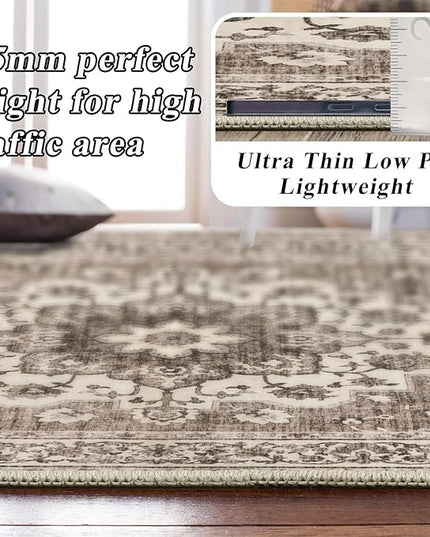 Washable Oriental Area Rug - 5ft Round Rugs for Living Room Soft Carpet for Bedroom Waterproof Floral Distressed Indoor Stain Resistant Non-Shedding Floor Carpets (Beige, 5ft-Round)