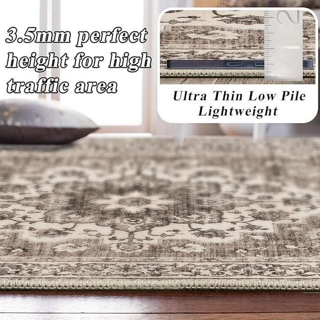 Washable 6x6 Rug Square - Ultra Soft Living Room Area Rug Under Sofa Non-Slip Rugs for Bedroom Dining Room - Stain Resistant Farmhouse Decor for Family with Pets & Kids (Beige, 6x6)