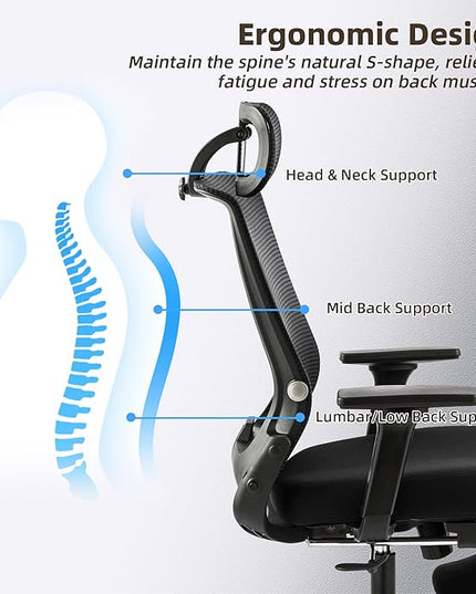 Foldable Office Chair with Foot Rest, Ergonomic Office Chair with Adjustable Lumbar Support, Headrest, Armrest, Home Office Desk Chairs for Space Saving, Work from Home, Black