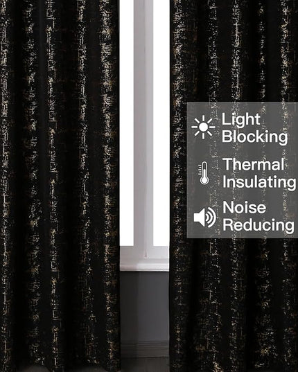 Taisier Home Gold Foil Print Linen Textured Curtains Geometric Dots Pattern Design Curtains for Bedroom Living Room Thermal Insulated Window Treatment 2 Panels 95" L,Black and Gold Curtain Print