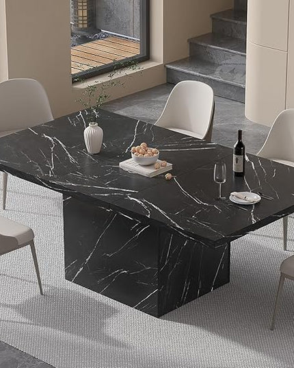 HSH Black Faux Marble Dining Table, 63 inch Modern Dinner Table for 6 Person, Farmhouse Rectanglur Kitchen Table for Living Room, Long Wood Dining Room Tables with strong Pedestal, Black Marble, 63 In