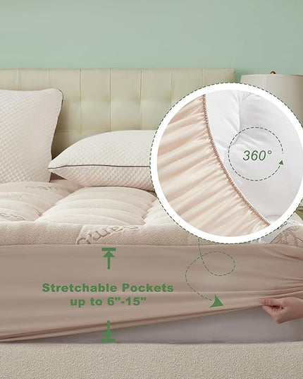 BEDLORE Full Size Mattress Topper Viscose Derived from Bamboo, Thick Pillow Top Mattress Pad with Stretchable Pockets for 6"-15" Mattress, Breathable Mattress Topper for Back Pain Relief(Beige)