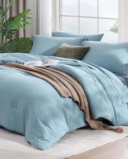 WRENSONG Full Size Comforter Sets- 7 Pieces Soft Blue Bed in a Bag with Fitted Sheet, Flat Sheet, 2 Pillow Shams, 2 Pillowcases, Warm Bedding Sets for All Season