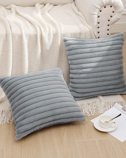 Pallene Faux Fur Plush Throw Pillow Covers 20x20 Set of 2, Luxury Soft Fluffy Striped Decorative Pillow Covers for Sofa, Couch, Living Room, Grey