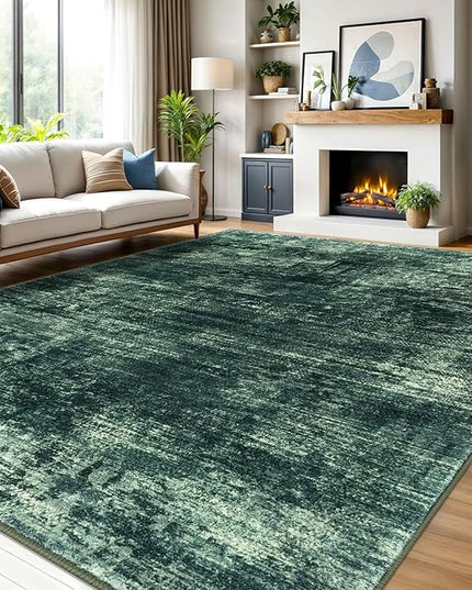 IOHOUZE Abstract Area Rugs 9x12 Ft Washable Large Rugs for Living Room, Non Slip Dining Room Rug, Printed Faux Wool Rugs for Bedroom, Floor Carpet for Office Nursery Playroom, Dark Green