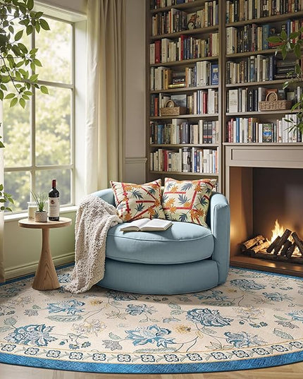 jinchan Elora Floral Corner Rug for Living Room Washable Bedroom Rug Vintage Romance Design Non Slip Quarter Circle Lightweight Low-Pile Throw Carpet for Reading Nook Playroom, 8ft Radius, Blue/Beige