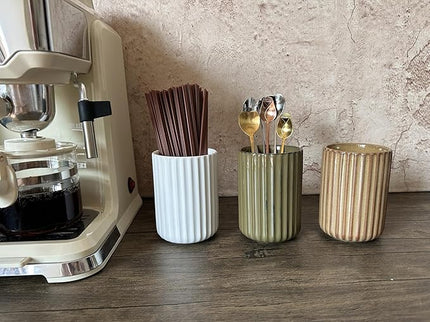 Stoneware Coffee Bar Utensil Holder Tea & Coffee Spoon & Stirrer Holder for Stir Stick Straw Teaspoon Holder Spoon Cup Small Utensil Jar Fluted Vertical Stripe (Retro Green)