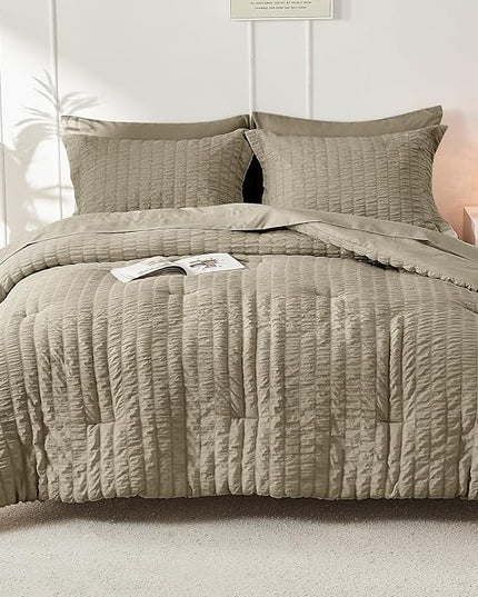 HYMOKEGE Linen Full Size Comforter Sets Seersucker 7 Pieces, All Season Luxury Bed in a Bag for Bedroom, Bedding Set with Comforter, Sheets, Pillowcases & Shams