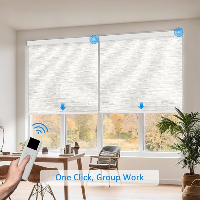 Motorized Blinds with Remote Cordless Automatic Motorized Shades Custom Blinds for Windows Smart Curtains Compatible with Alexa Google Home(Light Filtering Jacquard Beige,W31 x H72in)