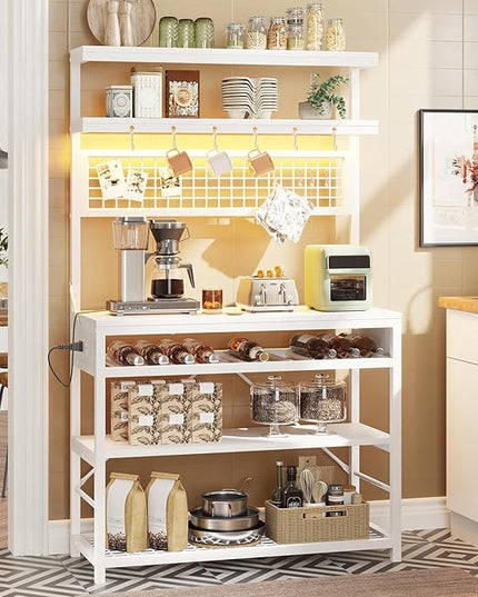 Itaar Bakers Rack with Power Outlet, 6-Tier Coffee Bar, Microwave Stand with Wine Rack, LED Lights and 10 Hooks, Bakers Racks for Kitchens with Storage, White