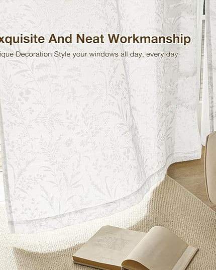 Anmao White Semi Sheer Light Filtering Short Curtains 45 Inches Long 2 Panels, Leaf Pattern Drapes for Living Room Bedroom, Rod Pocket Sheer Window Treatments with Floral Design, 52x45 Inch