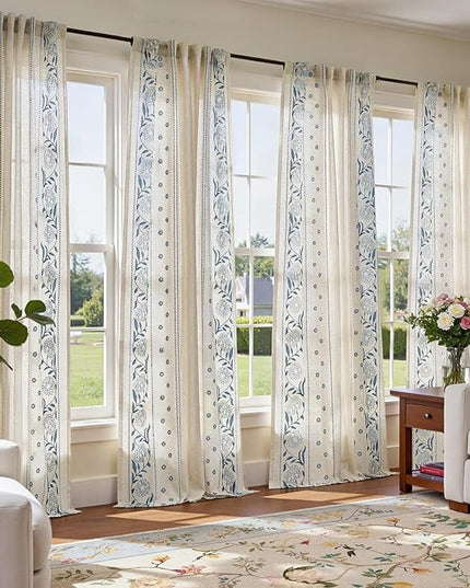 jinchan Winslow 4 Panel Curtains Set 84 Inch Length Embroidered Bordered Floral Curtains for Living Room Farmhouse Decor Light Filtering Window Treatments Blue on Beige Drapes 4 Panels