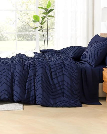 Litanika Full Size Comforter Set with Sheets Navy Blue - 7 Pieces Bed in a Bag Full Chevron Tufted Complete Bedding Sets with Comforter, Sheets, Pillowcases & Shams