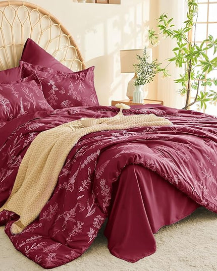 MUXHOMO Burgundy Bed in a Bag Queen 7 Pieces, Queen Comforter Set Reversible Botanical Flowers Design, Ultra Soft & Breathable Bedding Sets with Comforter, Sheets, Pillowcases & Shams