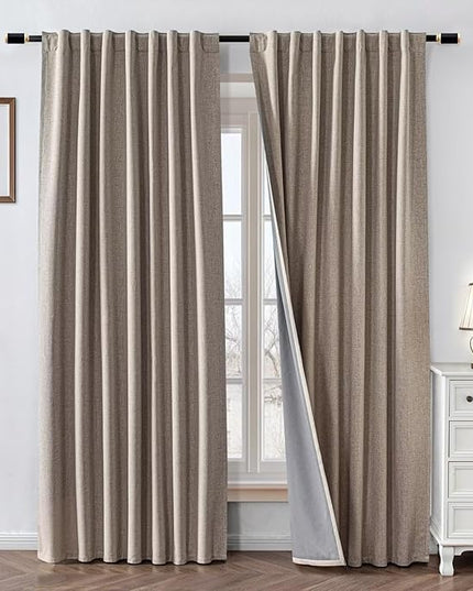 100% Blackout Curtains 72 inch Length 2 Panels Faux Linen Long Drapes for Bedroom Living Room Black Out Room Darkening Curtain Thermal Insulated Back Tab Rod Pocket(W37 x L72, Light Beige)