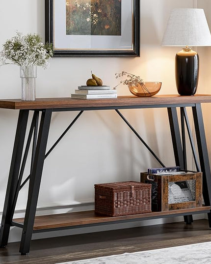 GAZHOME Console Table with Storage Shelf - Industrial Style Sofa Table Behind Couch for Living Room & Entryway, Rustic Brown,53.1 Inch