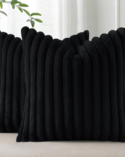 Pallene Faux Fur Plush Throw Pillow Covers 22x22 Set of 2, Luxury Soft Fluffy Striped Decorative Pillow Covers for Sofa, Couch, Living Room, Black