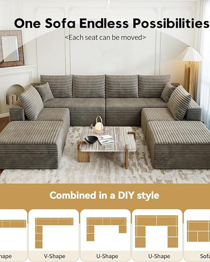 139.4" Modular Sectional Sofa Couch, Oversized U-Shaped Minimalist Couches with 2 Ottomans Chaise and 2 Middle Seats, Modern Deep Seat Cloud Plush Corduroy Sofas Set for Living Room, 8 Seater, Camel