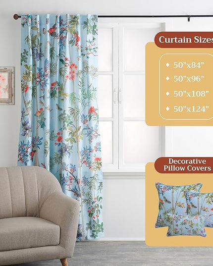 Maison d' Hermine Curtains for Living Room 100% Cotton 124 inch Length One Panel Light Filtering Curtains for Bedroom Windows with Rod and Loop Pockets Drapes (Canne Pastel Blue, 50" W x 124" L)