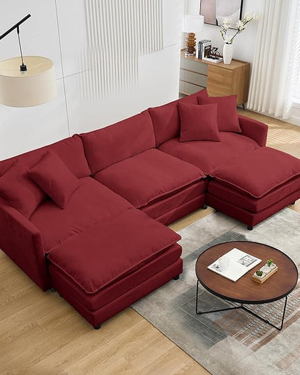 Modular Sectional Sofa,108.27'' Modern Corduroy Sofa Set for Living Room with 3 Seat & 2 Ottoman & 3 Pillows, Comfy Cloud Couches with Movable Ottoman, DIY Combination, Chenille (Wine red, U Shaped)