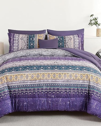 Cottolester Boho Comforter Set California King Size 8 Pieces,Violet Bohemian Striped Bed in a Bag, Paisley Soft Microfiber Bedding Comforter Set