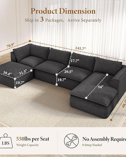 Vesgantti 141.7" U Shaped Boneless Sectional Couch, Modern 6 Seater Modular Sofa with Chaise & Ottoman, Deep Seat Convertible Corduroy Cloud Couches for Living Room, No Assembly Required, Black
