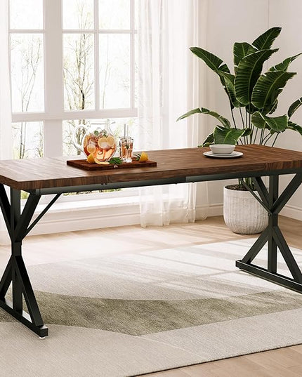 70.8 Inch Rectangular Dining Table for 6-8 People, Farmhouse Kitchen Table with Metal Base & Solid Wood Top, Easy Assembly, Water-Resistant, for Dining Room & Kitchen, Walnut & Black