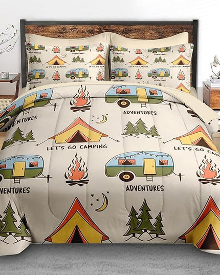 Comforter Set Queen Size, Summer Camp Camper 7 Pcs Bedding for Kids and Adults, Camping Adventure Bed Sheet Sets with Fitted Sheet 2 Pillowcases & 2 Shams for Bedroom Bed Decor