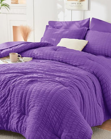 HYMOKEGE Dark Purple Twin Comforter Set Seersucker 5 Pieces, All Season Luxury Bed in a Bag for Bedroom, Bedding Set with Comforter, Sheets, Pillowcase & Sham
