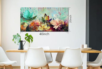 GUGIKA Flower Wall Art for Living Room, Watercolor Floral Canvas Wall-Art for Bedroom, Colorful Lotus Print Painting, Size 48x24 Inches