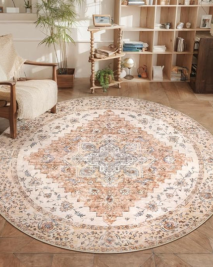 Ciicool Boho 5x5ft Round Area Rug Washable Bedroom Rug Non-Slip Oriental Entryway Throw Rug Low-Pile Indoor Carpet for Dining Room(Vintage Cream/Brick)