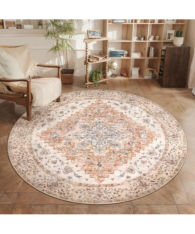 Ciicool Boho 5x5ft Round Area Rug Washable Bedroom Rug Non-Slip Oriental Entryway Throw Rug Low-Pile Indoor Carpet for Dining Room(Vintage Cream/Brick)