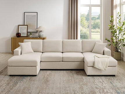 VANOMi 118'' U Shaped Sectional Sofa, 4 Seat Modern Sectional Couch, Double Chaise Longue, Cozy Chenille Sofa Couches for Living Room Apartment, Beige