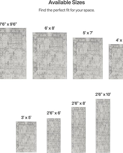 ReaLife Rugs Machine Washable Area Rug - Living Room Bedroom Bathroom Kitchen Entryway Office - Padded Low Pile Stain Resistant Premium - Boho Farmhouse Vintage - Noor - Ivory Grey 5' x 7'