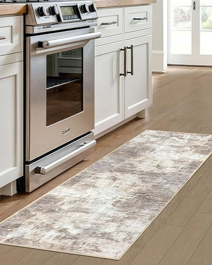 IOHOUZE Abstract Runner Rug 2x6 Ft Washable Runners for Hallways, Non Slip Kitchen Runner Printed Faux Wool Entryway Runner Indoor, Modern Abstract Floor Carpet for Hall Kitchen Bedroom, Beige Brown