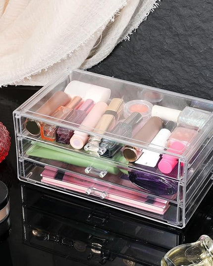 Acrylic Drawers Stackable Clear, 9.3 X 5.3 X 4 Inch Stackable Makeup Organizer Acrylic 3 Drawer Storage Organizers Clear Stationery Organizer for Dresser, Bathroom, Vanity, Countertop
