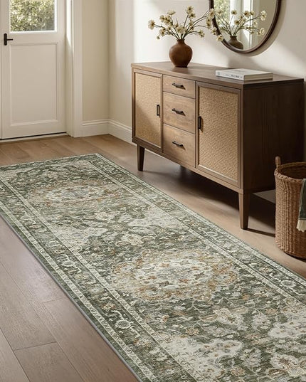 PADOOR-Vintage Runner Rug 2X10 Runners for Hallways-Soft Olive Green Washable Bedside Rugs for Bedroom-Non Slip Long Rug for Hallways Entryway Laundry Room Stair Kitchen Bathroom
