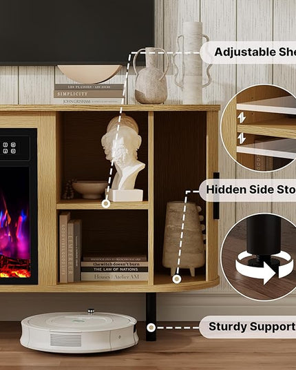 65" Fluted Fireplace TV Stand for TVs Up to 75 inches, Modern Entertainment Center with 23" Electric Fireplace, Wooden Curved TV Console with Sliding Doors for Living Room, Natural Oak
