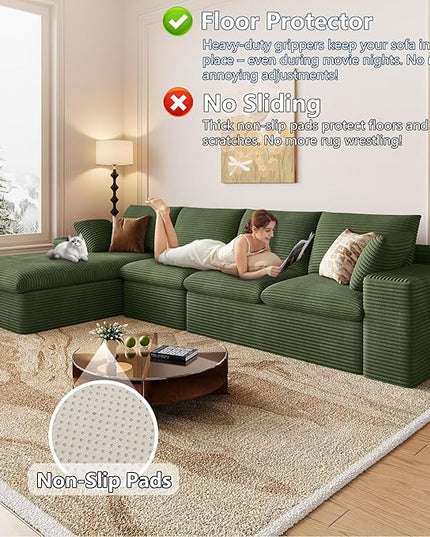 136" Cloud Couch Modular Sectional Sofa for Living Room, L-Shape Boneless Couch with Deep Seat, Modern Corduroy 4-Seater, No Assembly Required (Green,Left-Facing Chaise)