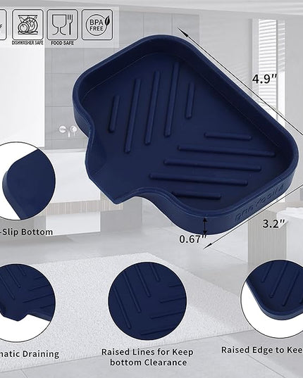Silicone Bathroom Soap Dishes with Drain Spout-Kitchen Sink Organizer,Sponge Holder,Dish Soap Tray,Perfect for Dispenser,Scrubber,Bottle,Cup on Sink or Counter-Navy Blue 4.9"×3.2"