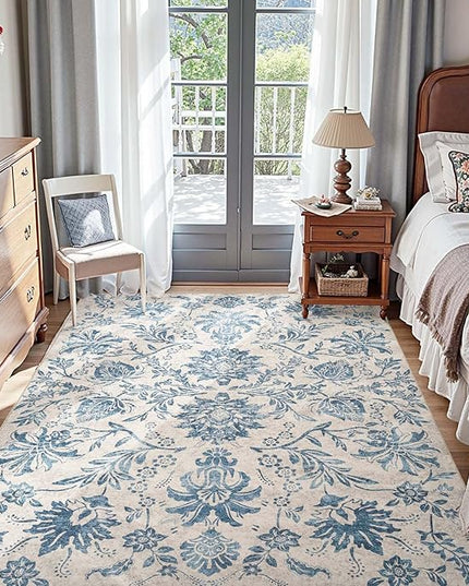 jinchan Torino Floral 5x7 Area Rugs, Vintage-Inspired Design Accent Rug, Machine Washable Ultra-Thin Low-Pile Non-Slip Traditional Carpet for Living Room Bedroom Dining Room Home Office, Turquoise